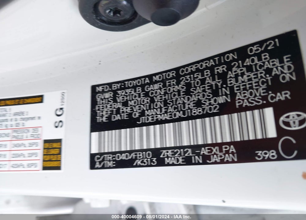 2021 TOYOTA COROLLA LE VIN: JTDEPMAE0MJ188702