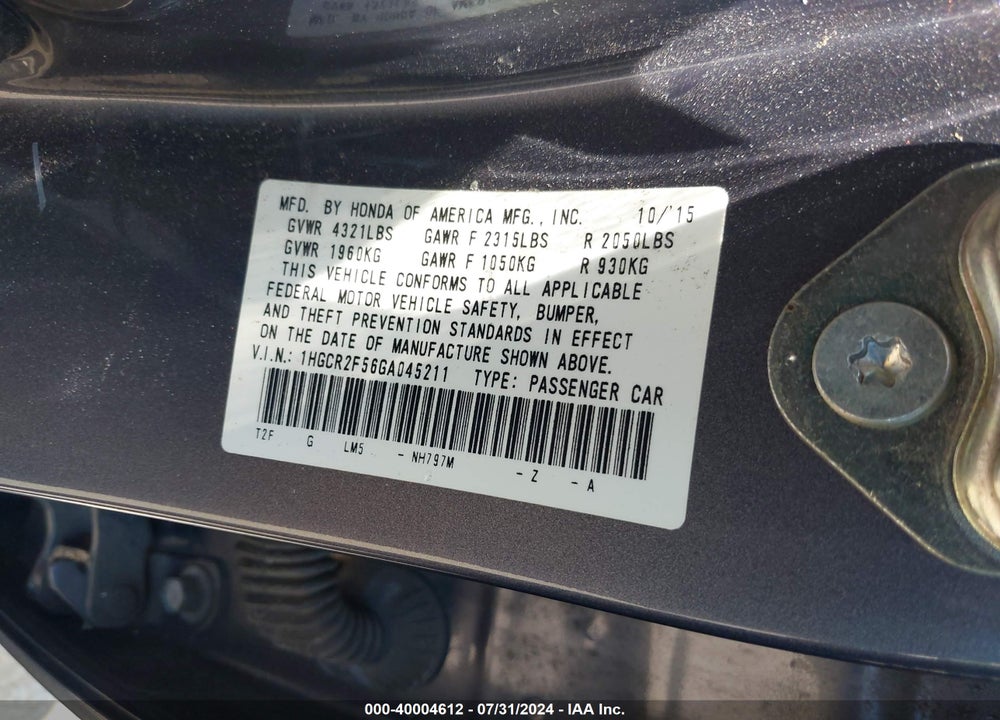 2016 HONDA ACCORD SPORT VIN: 1HGCR2F56GA045211