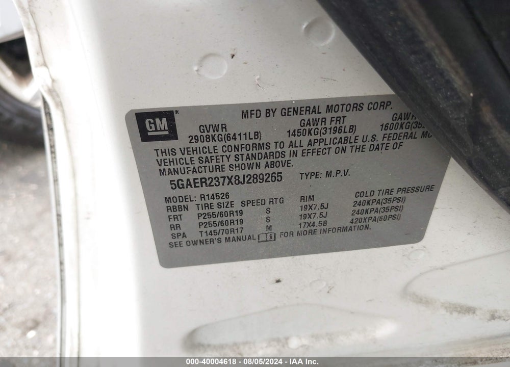 2008 BUICK ENCLAVE VIN: 5GAER237X8J289265