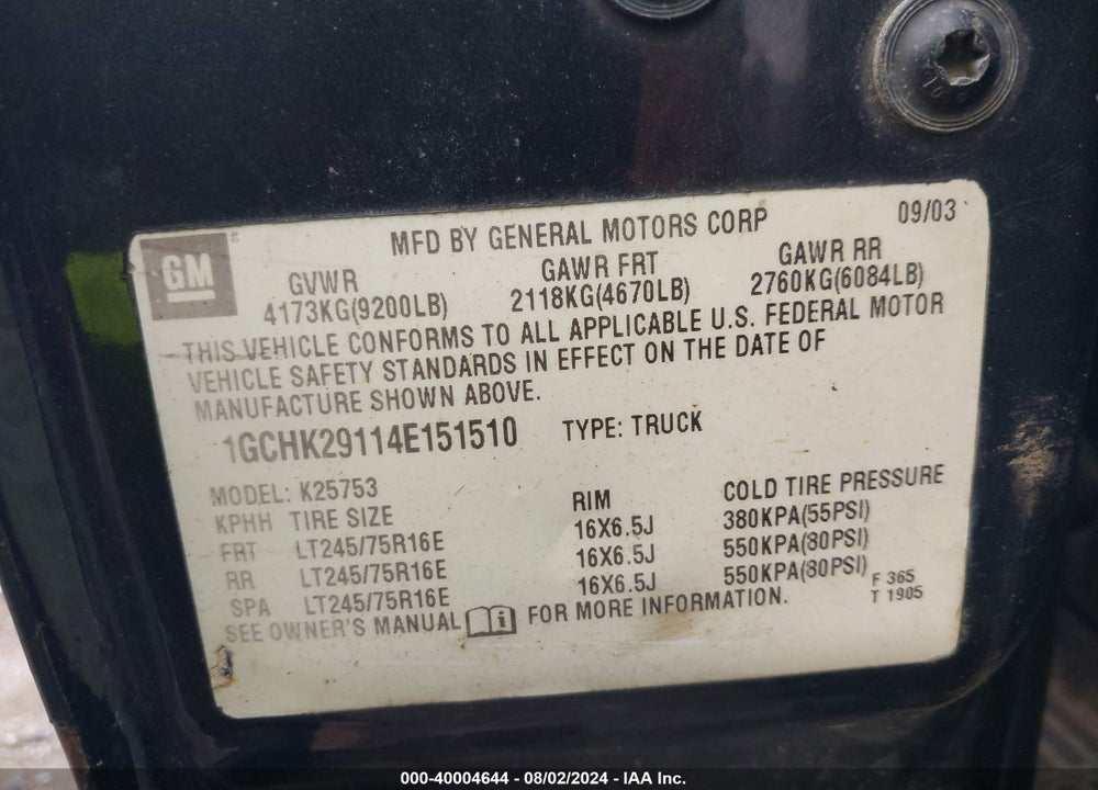 2004 CHEVROLET SILVERADO 2500HD LS VIN: 1GCHK29114E151510