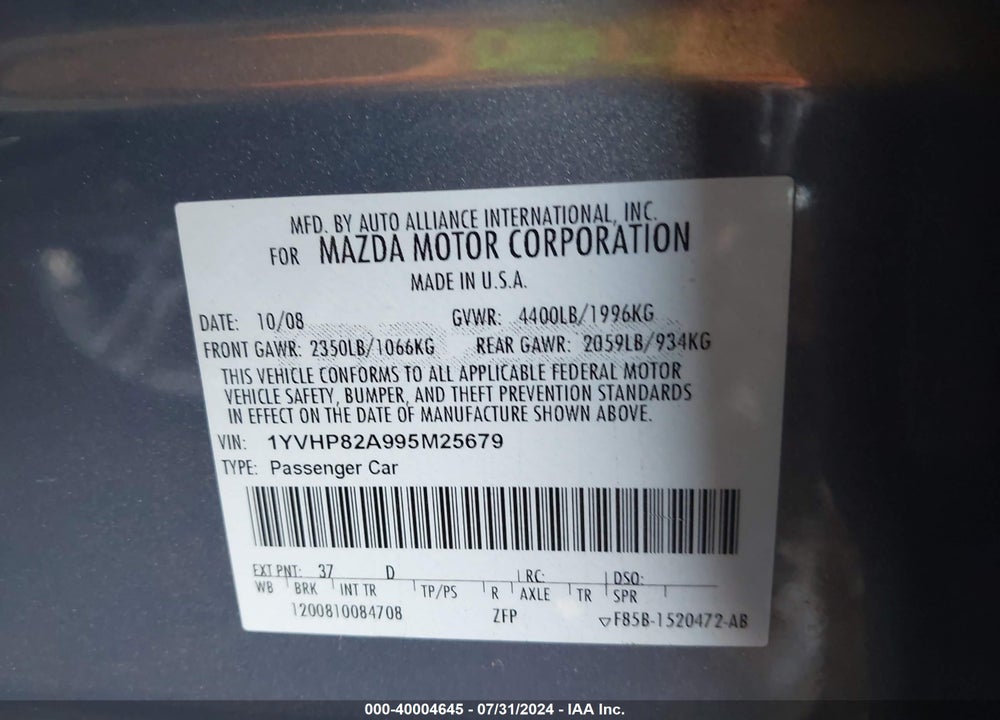 2009 MAZDA 6 I GRAND TOURING VIN: 1YVHP82A995M25679