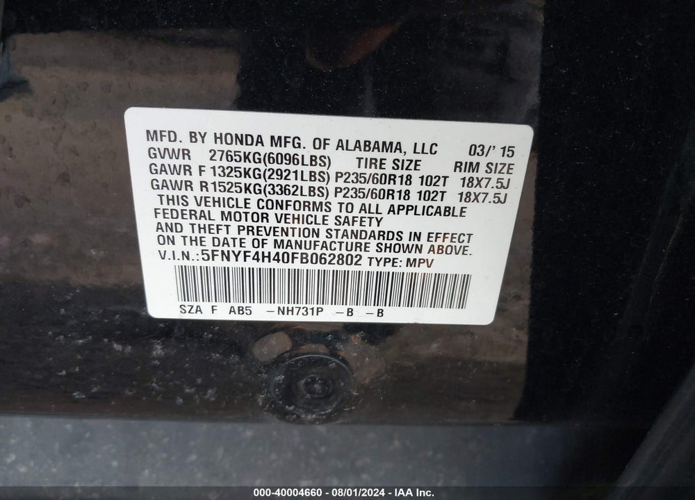2015 HONDA PILOT VIN: 5FNYF4H40FB062802