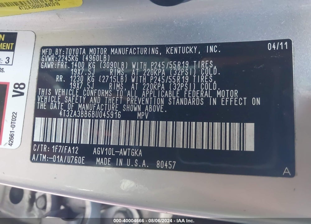 2011 TOYOTA VENZA VIN: 4T3ZA3BB6BU045916