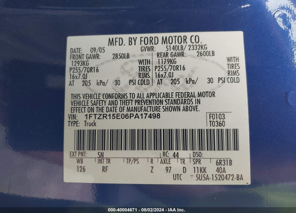 2006 FORD RANGER FX4 OFF-ROAD/SPORT/XL/XLT VIN: 1FTZR15E06PA17498