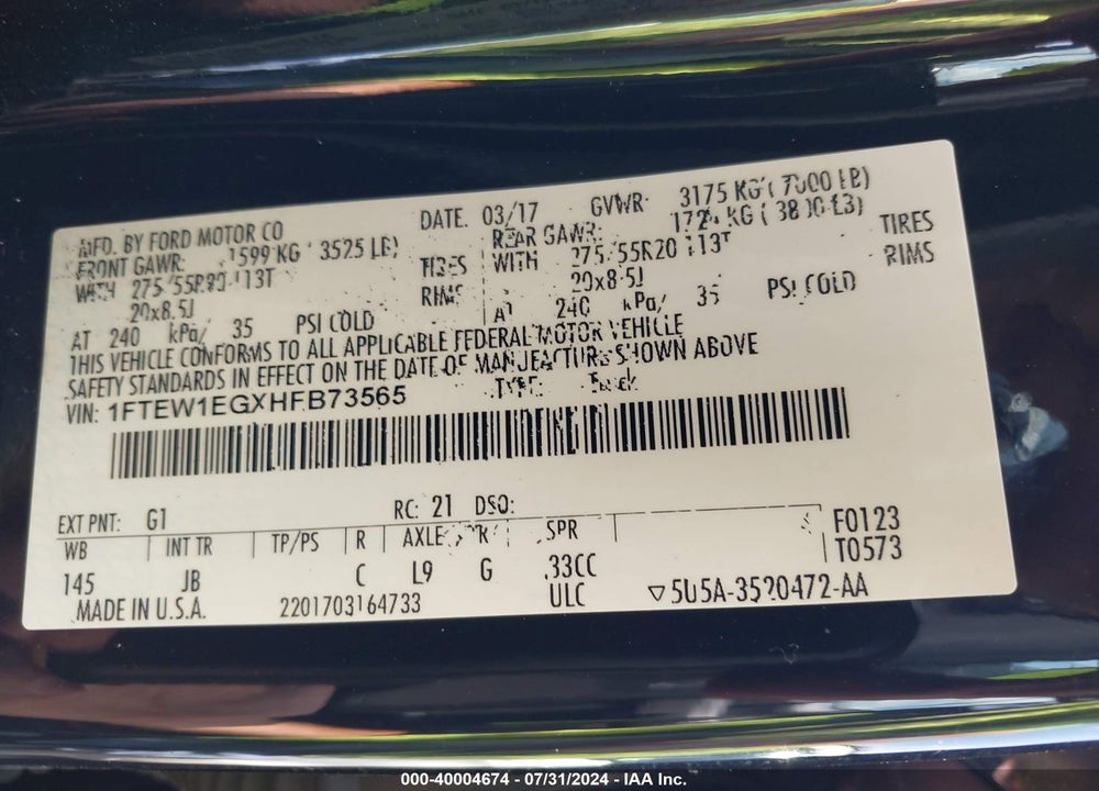 2017 FORD F-150 XLT VIN: 1FTEW1EGXHFB73565