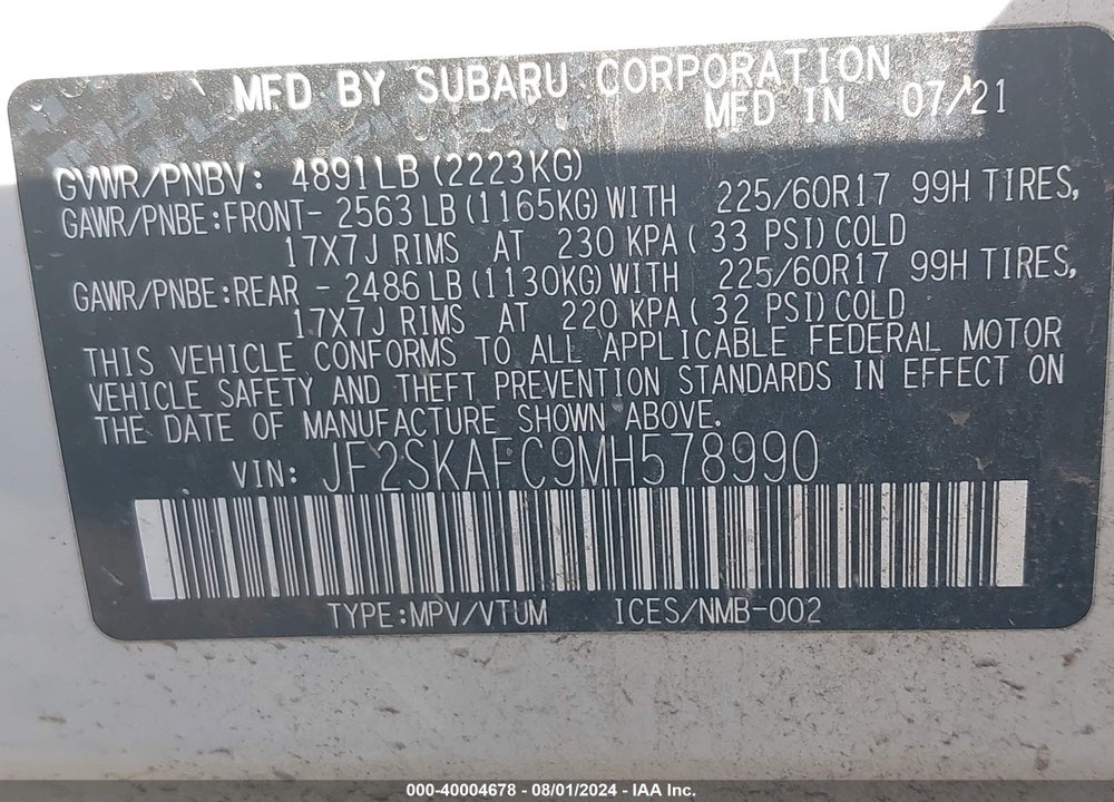 2021 SUBARU FORESTER PREMIUM VIN: JF2SKAFC9MH578990