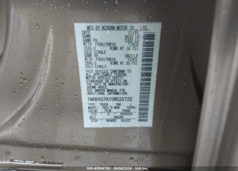 2005 NISSAN TITAN SE VIN: 1N6BA07A15N525726