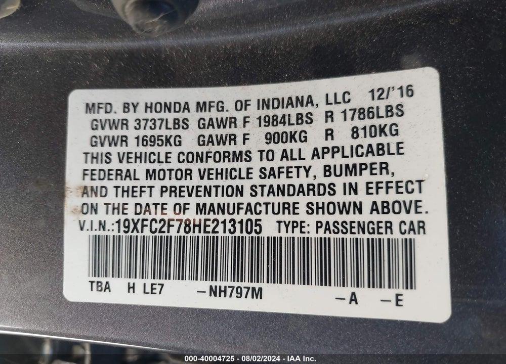 2017 HONDA CIVIC EX VIN: 19XFC2F78HE213105