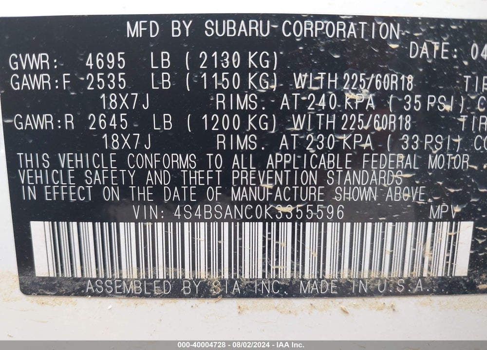 2019 SUBARU OUTBACK 2.5I LIMITED VIN: 4S4BSANC0K3355596