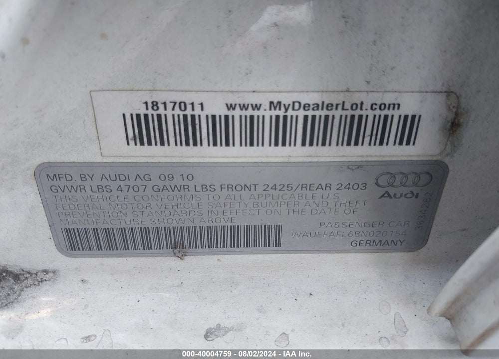 2011 AUDI A4 2.0T PREMIUM VIN: WAUEFAFL6BN020154