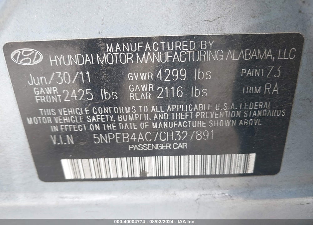2012 HYUNDAI SONATA GLS VIN: 5NPEB4AC7CH327891