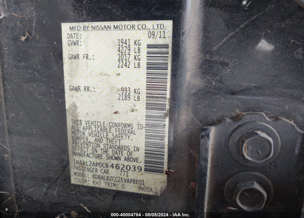 2012 NISSAN ALTIMA 2.5 S VIN: 1N4AL2AP0CN462039