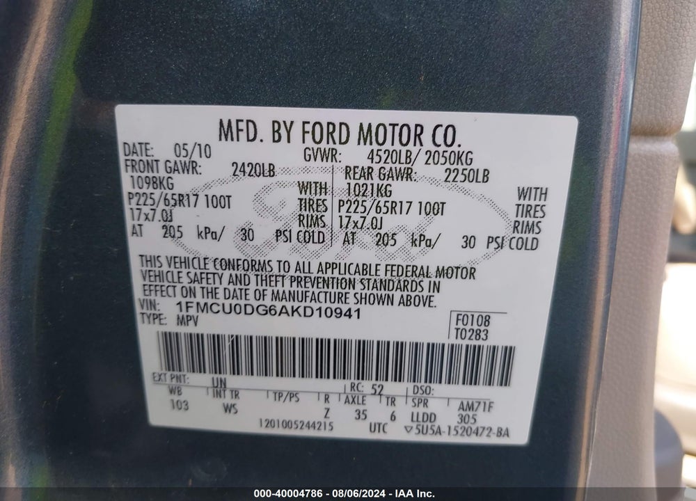2010 FORD ESCAPE VIN: 1FMCU0DG6AKD10941