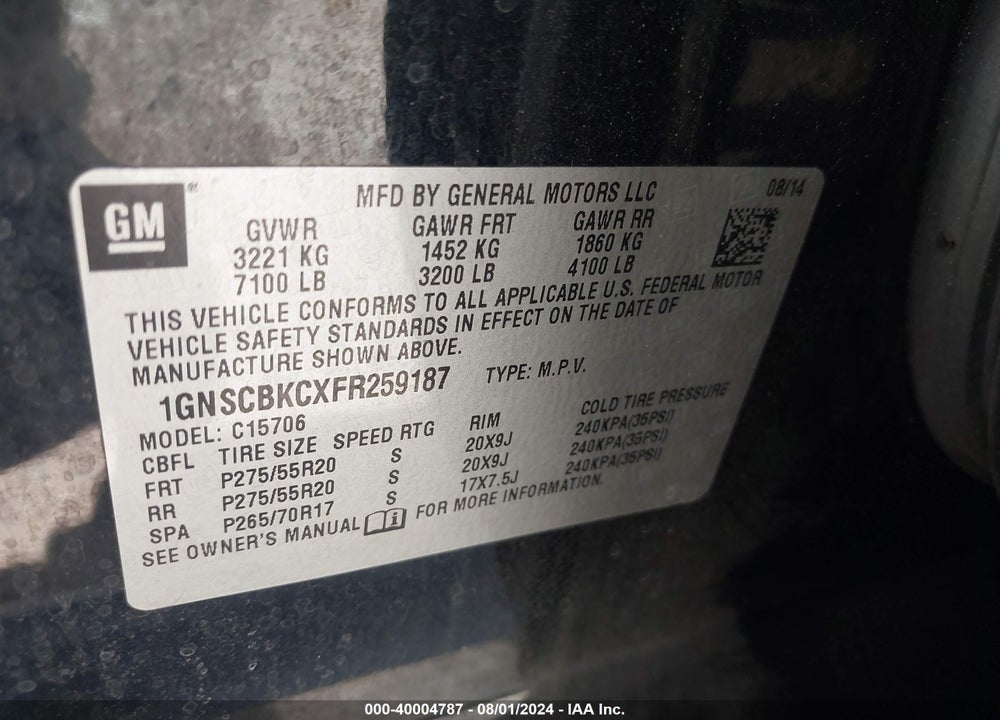 2015 CHEVROLET TAHOE LT VIN: 1GNSCBKCXFR259187