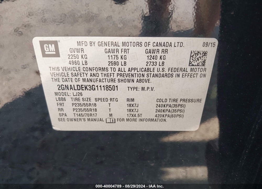 2016 CHEVROLET EQUINOX VIN: 2GNALDEK3G1118501