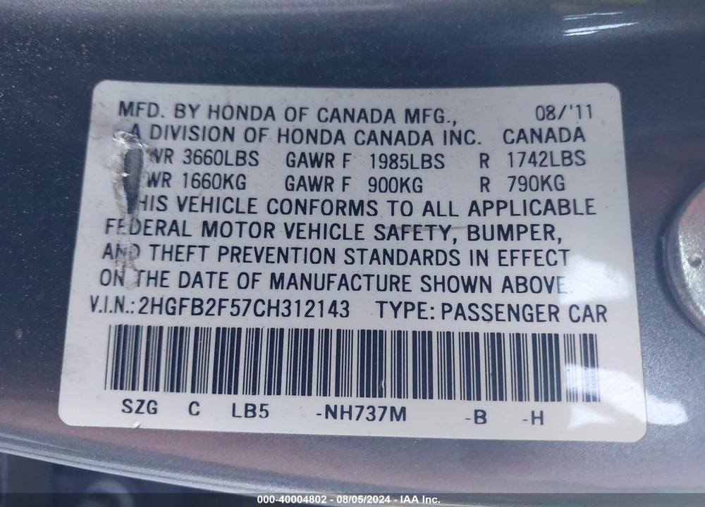 2012 HONDA CIVIC LX VIN: 2HGFB2F57CH312143