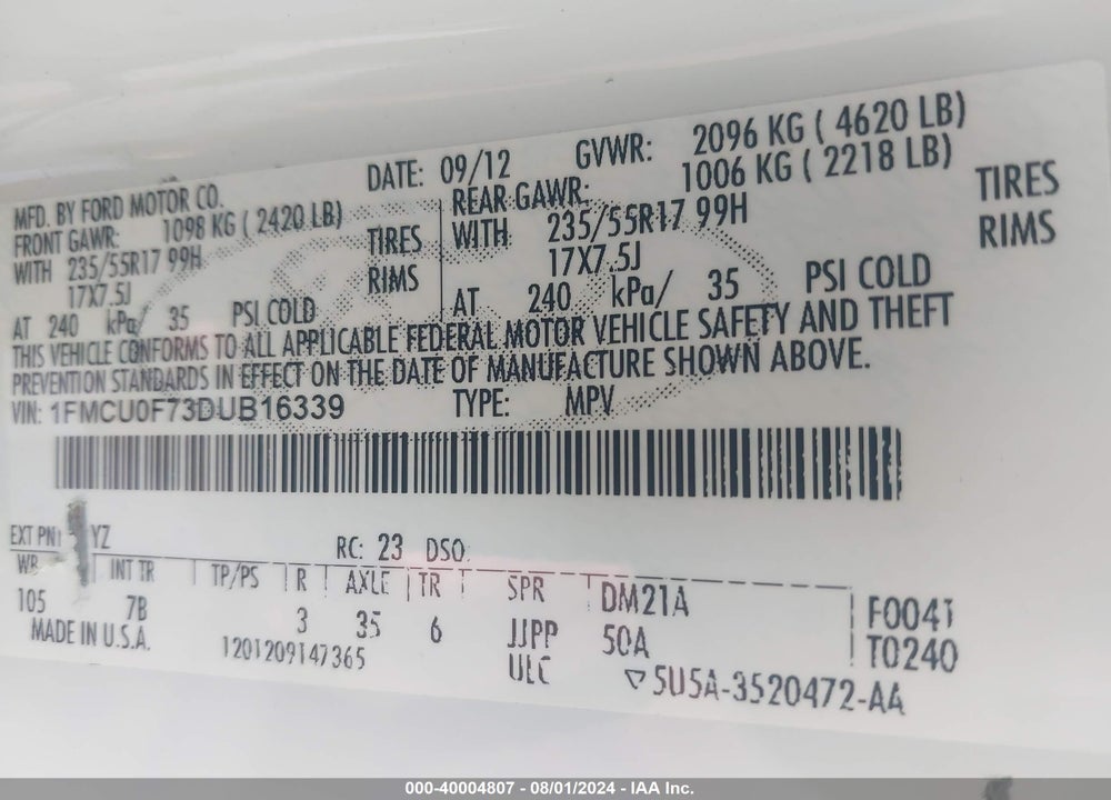 2013 FORD ESCAPE VIN: 1FMCU0F73DUB16339