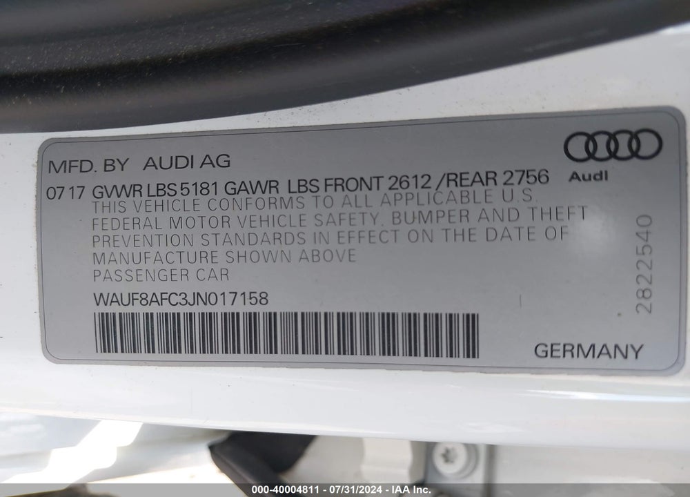 2018 AUDI A6 2.0T PREMIUM/2.0T SPORT VIN: WAUF8AFC3JN017158