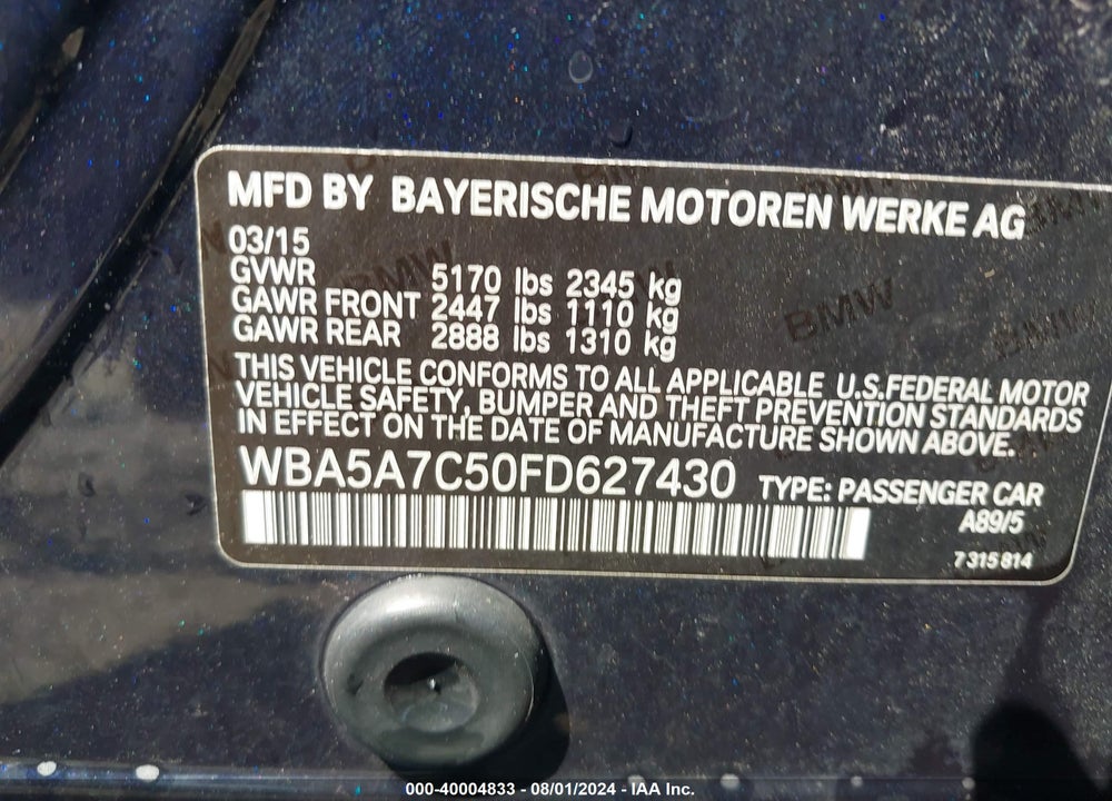 2015 BMW 528I XDRIVE VIN: WBA5A7C50FD627430