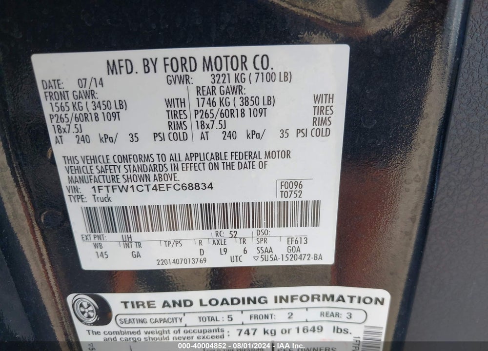 2014 FORD F-150 XLT VIN: 1FTFW1CT4EFC68834