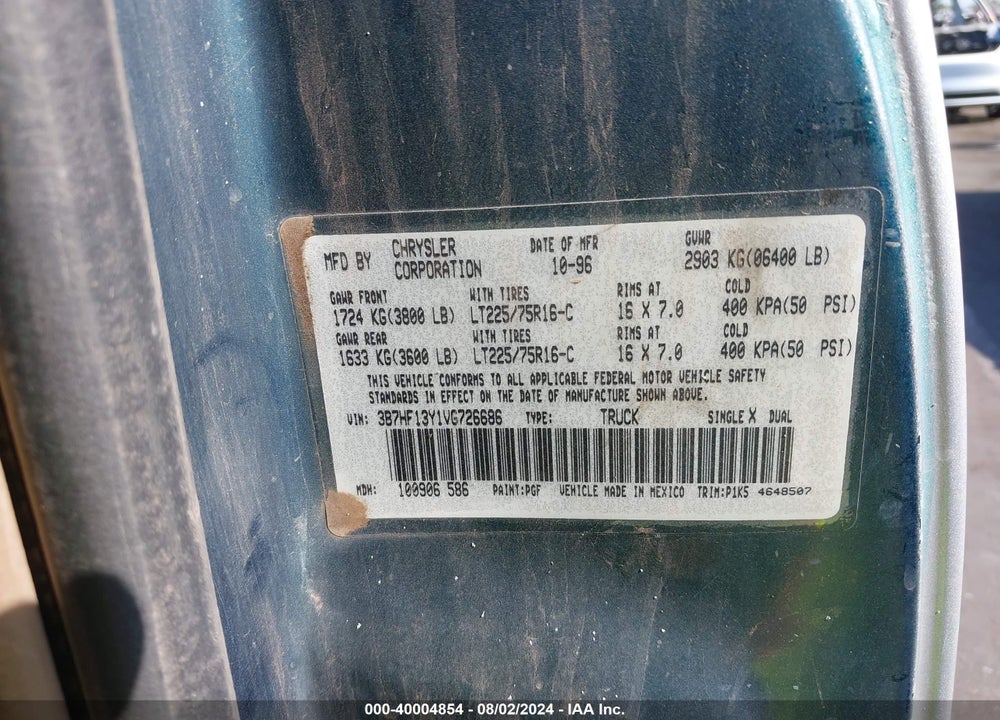 1997 DODGE RAM 1500 ST VIN: 3B7HF13Y1VG726686