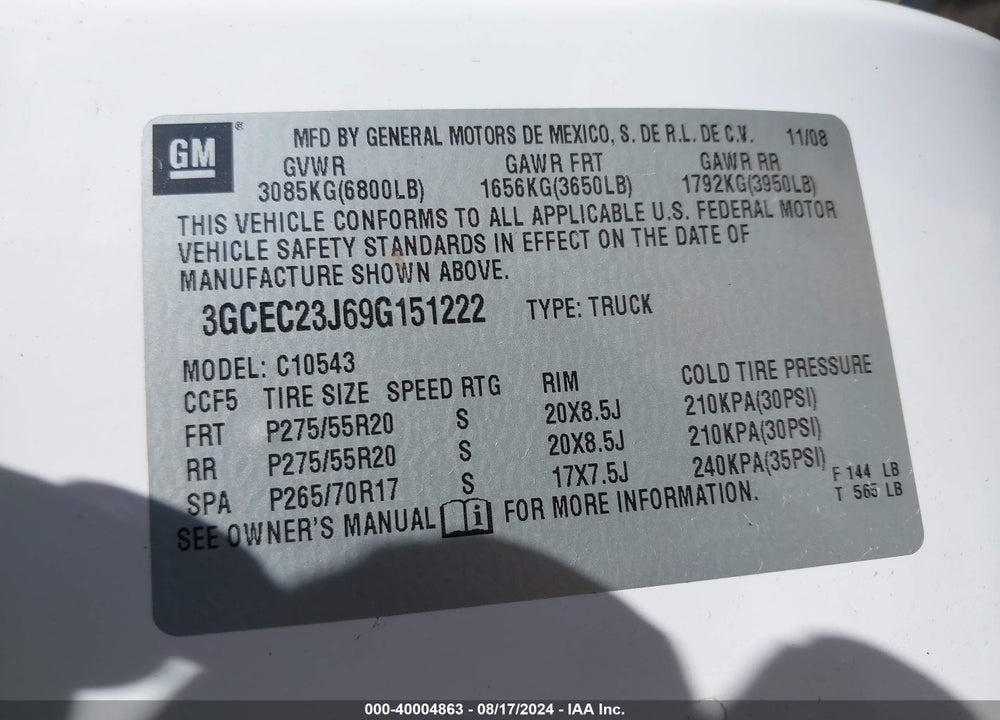 2009 CHEVROLET SILVERADO 1500 VIN: 3GCEC23J69G151222
