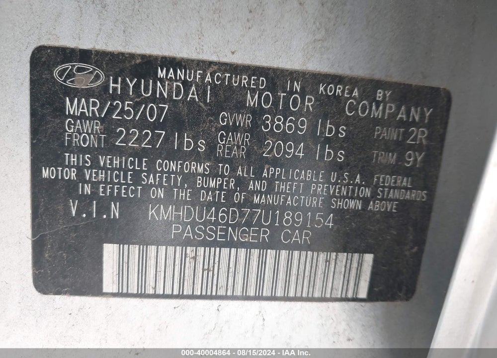 2007 HYUNDAI ELANTRA GLS/LIMITED/SE VIN: KMHDU46D77U189154