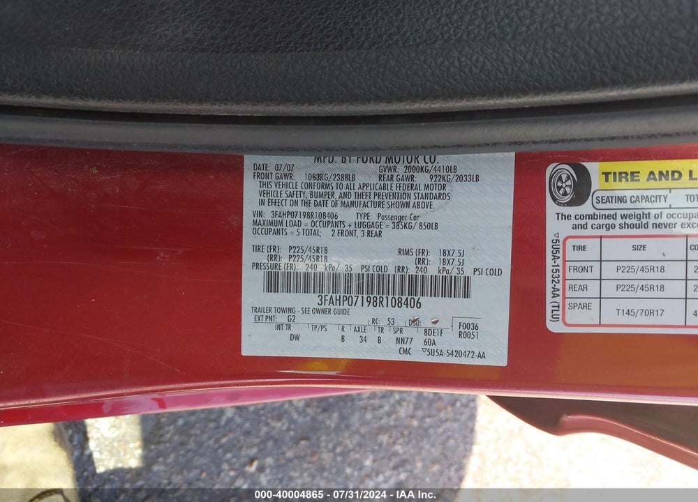 2008 FORD FUSION SE VIN: 3FAHP07198R108406