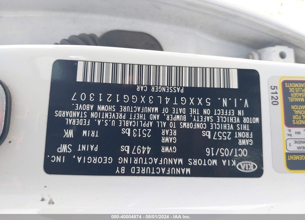 2016 KIA OPTIMA LX VIN: 5XXGT4L3XGG121307