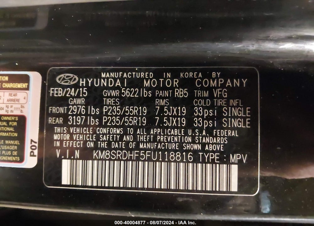 2015 HYUNDAI SANTA FE LIMITED VIN: KM8SRDHF5FU118816
