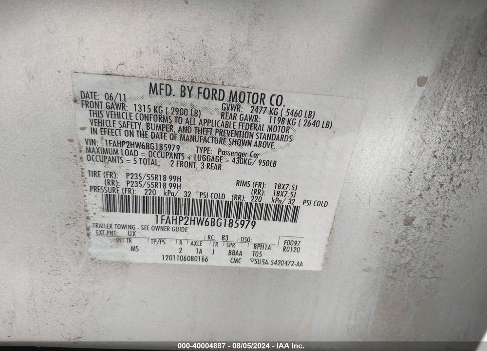 2011 FORD TAURUS SEL VIN: 1FAHP2HW6BG185979