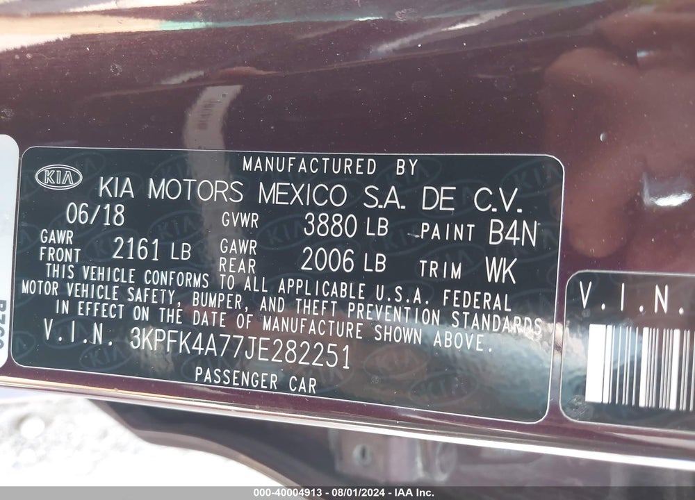 2018 KIA FORTE LX VIN: 3KPFK4A77JE282251