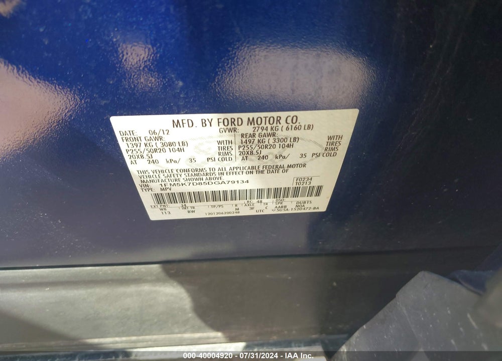 2013 FORD EXPLORER XLT VIN: 1FM5K7D85DGA79134