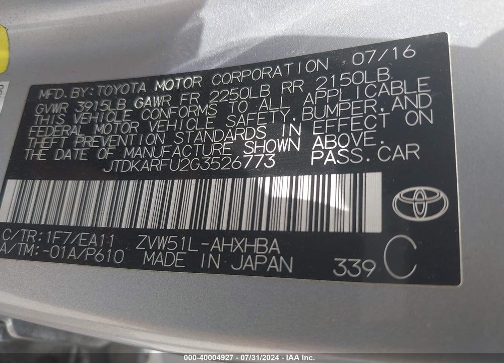 2016 TOYOTA PRIUS THREE TOURING VIN: JTDKARFU2G3526773