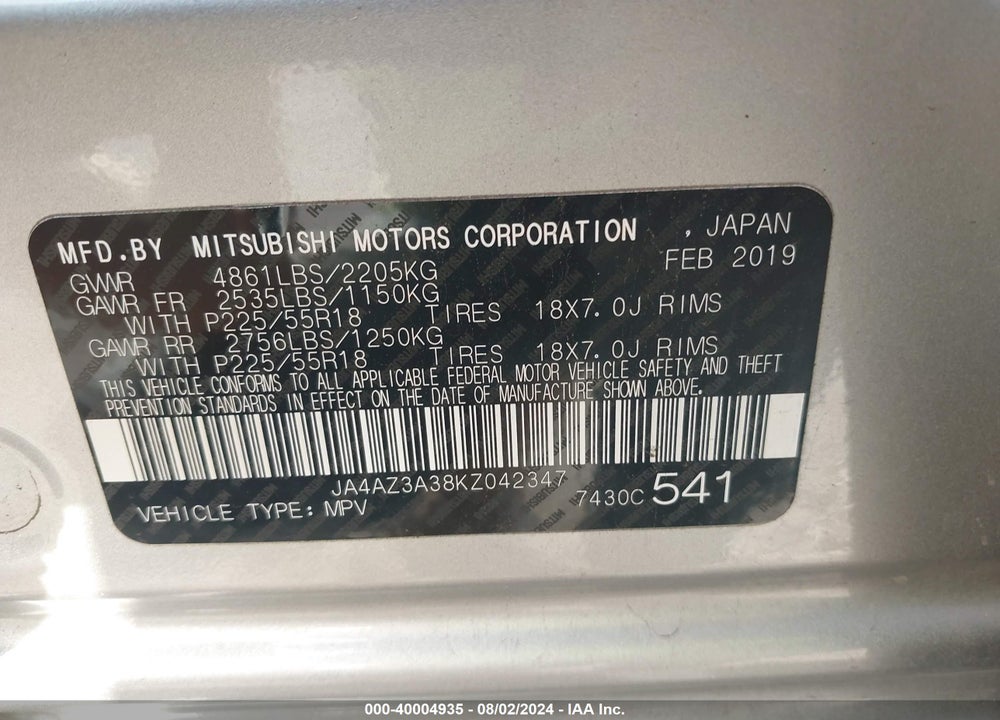 2019 MITSUBISHI OUTLANDER SE VIN: JA4AZ3A38KZ042347