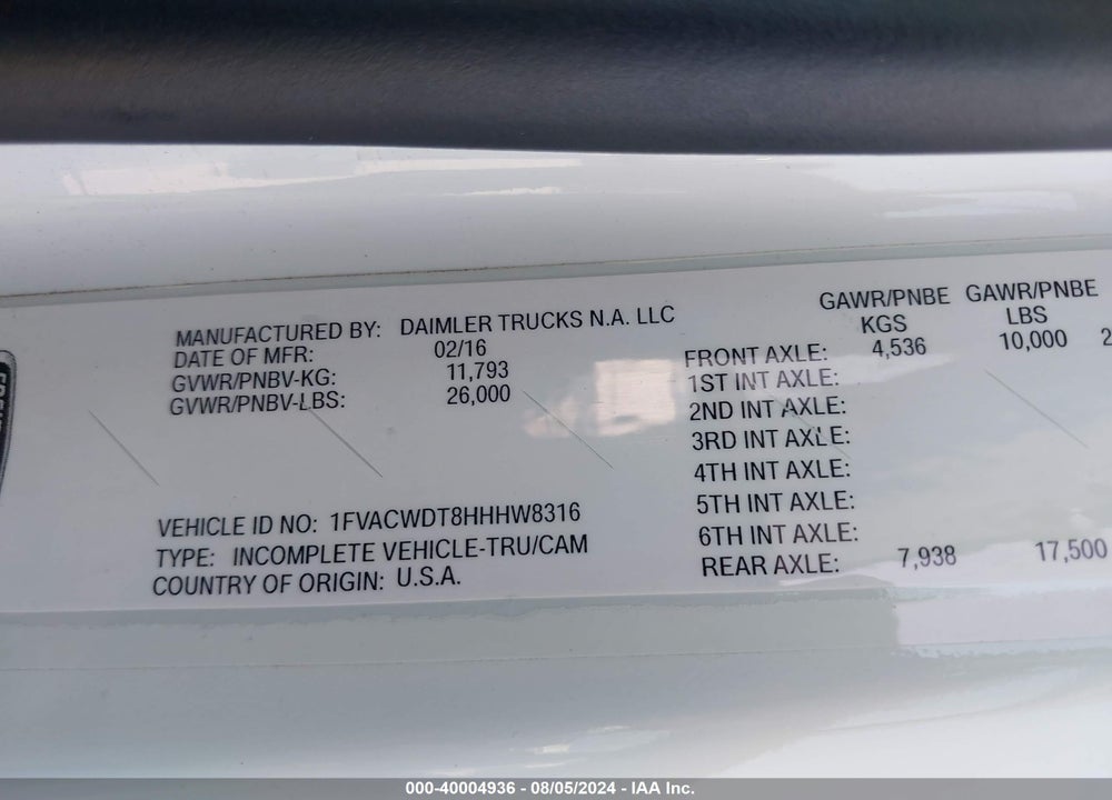 2017 FREIGHTLINER M2 106 VIN: 1FVACWDT8HHHW8316