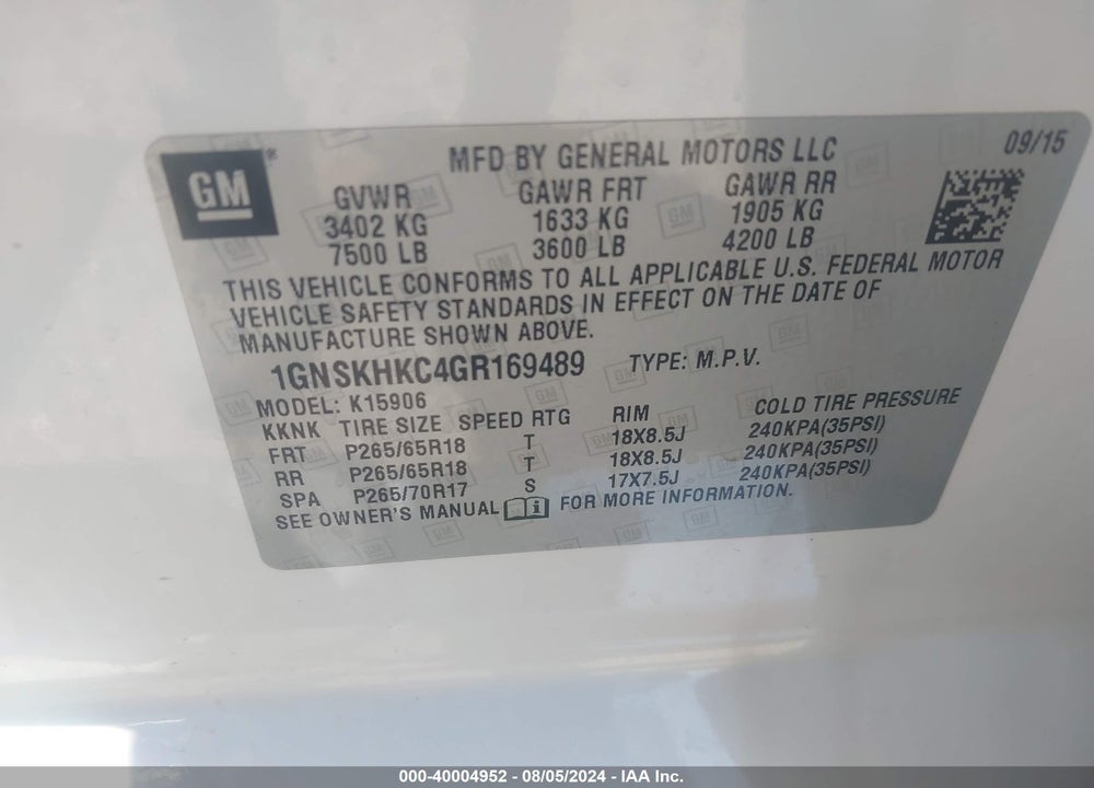 2016 CHEVROLET SUBURBAN LT VIN: 1GNSKHKC4GR169489