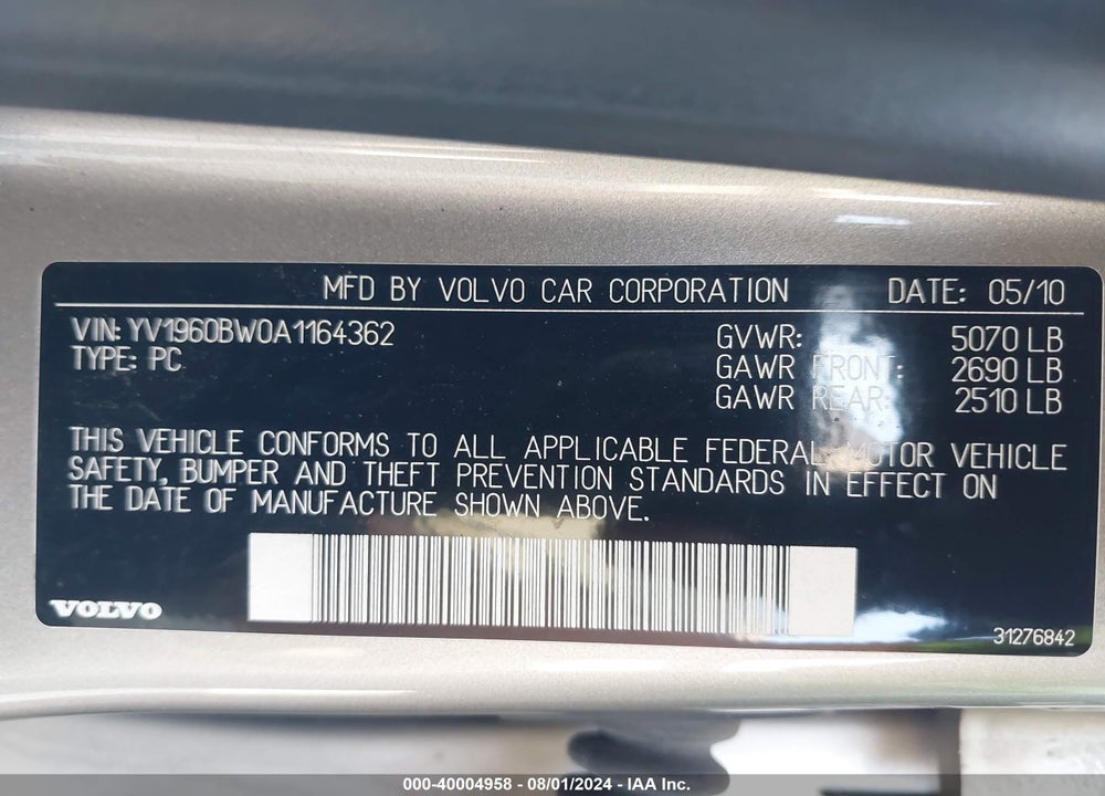 2010 VOLVO V70 3.2/3.2 R-DESIGN VIN: YV1960BW0A1164362