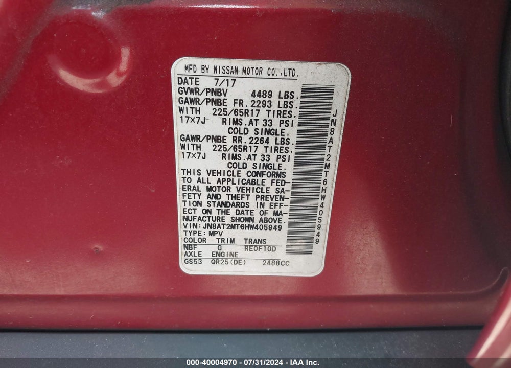 2017 NISSAN ROGUE S VIN: JN8AT2MT6HW405949
