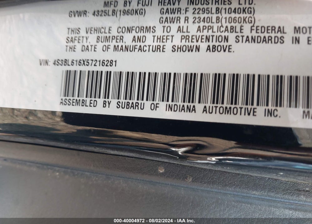 2005 SUBARU LEGACY 2.5I VIN: 4S3BL616X57216281