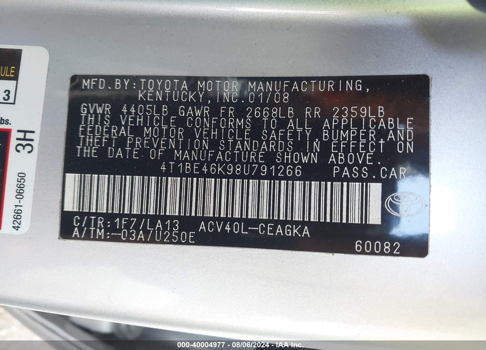 2008 TOYOTA CAMRY XLE VIN: 4T1BE46K98U791266
