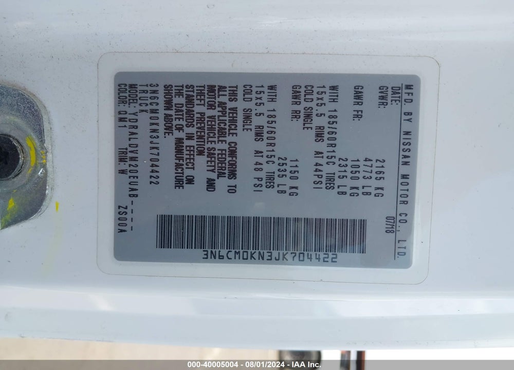 2018 NISSAN NV200 S VIN: 3N6CM0KN3JK704422