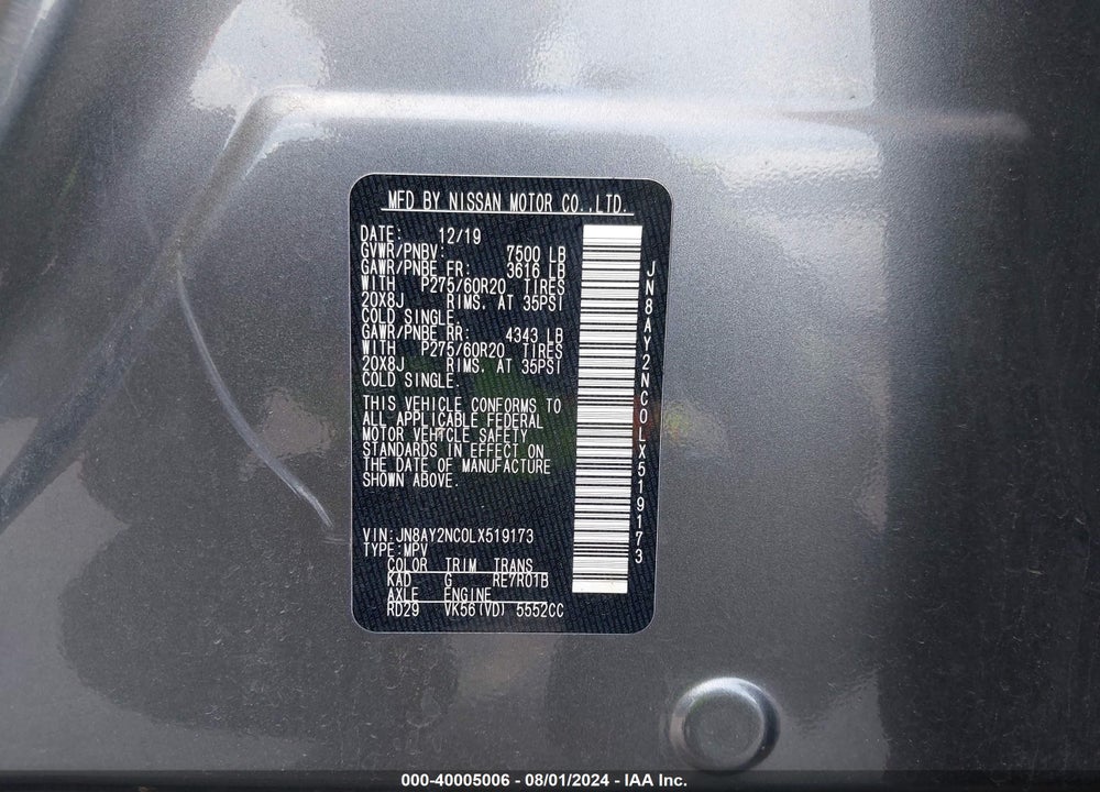 2020 NISSAN ARMADA SL 4WD VIN: JN8AY2NC0LX519173