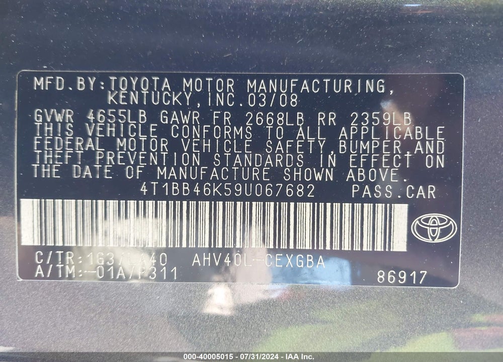 2009 TOYOTA CAMRY HYBRID VIN: 4T1BB46K59U067682