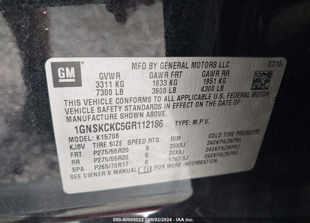 2016 CHEVROLET TAHOE LTZ VIN: 1GNSKCKC5GR112186