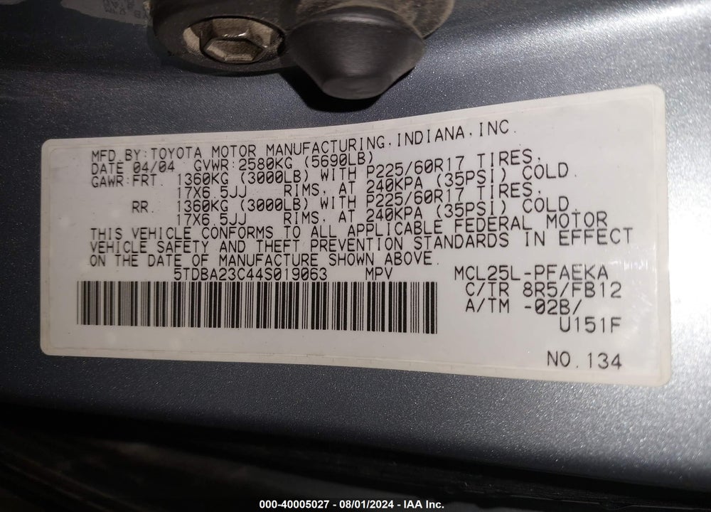 2004 TOYOTA SIENNA LE VIN: 5TDBA23C44S019063