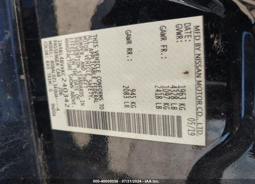 2019 NISSAN ALTIMA 2.5 S VIN: 1N4BL4BVXKC240342