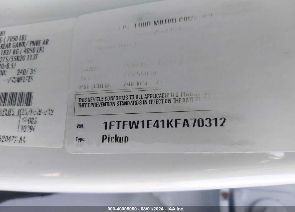 2019 FORD F-150 XLT VIN: 1FTFW1E41KFA70312