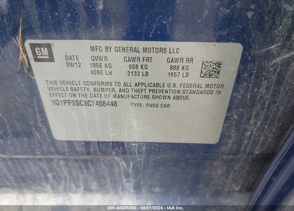 2012 CHEVROLET CRUZE 1LT VIN: 1G1PF5SC3C7408448