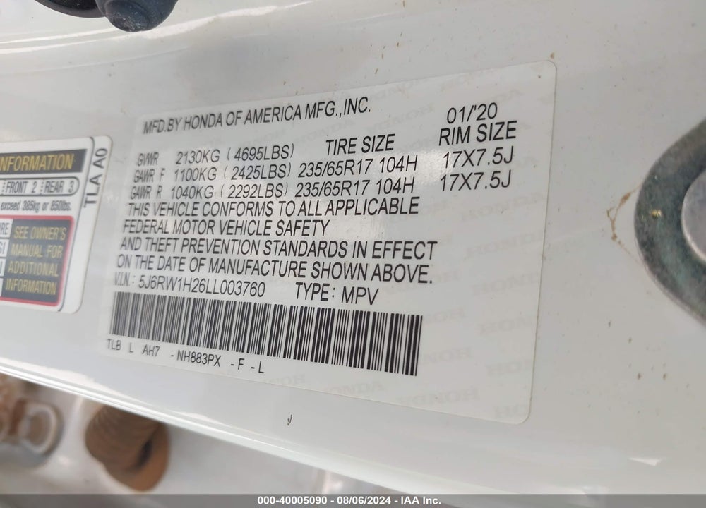 2020 HONDA CR-V 2WD LX VIN: 5J6RW1H26LL003760